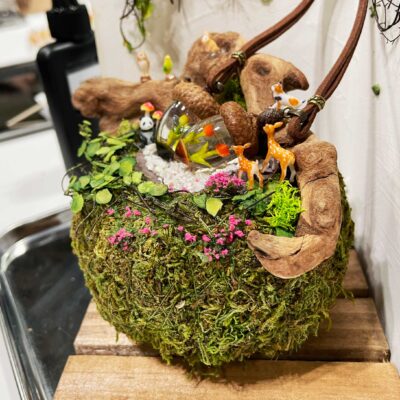 苔玉の庭-おしゃれ箱庭-ミニチュア動物-お客様作品01