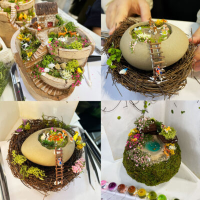 どんぐりレジン-おしゃれ箱庭-割れ鉢-卵-本-ミニチュアガーデン